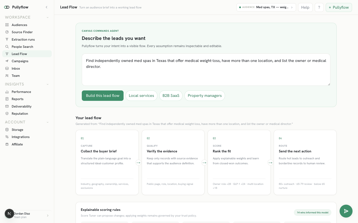 Building a lead flow from a plain-language prompt in Pullyflow